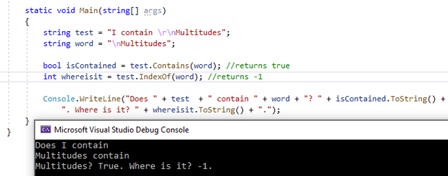 We were able to reproduce the .NET 5.0 string puzzle where Contains says Yes and IndexOf, No. Results are different on earlier versions of .NET Core on Windows