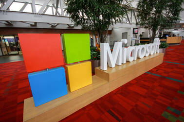 colourful microsoft sign in lobby of a building