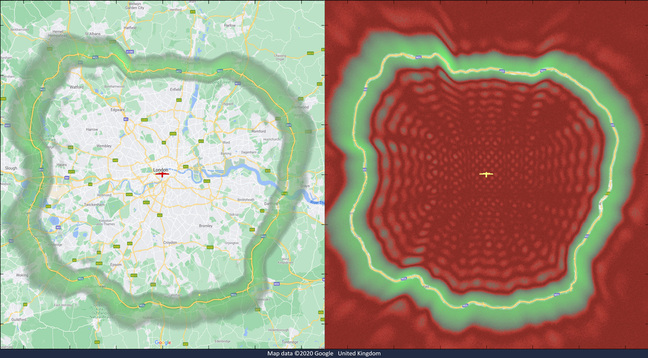 Cambridge Consultants' graphic showing its 5G drone antenna's coverage overlaid on the M25 London Orbital motorway