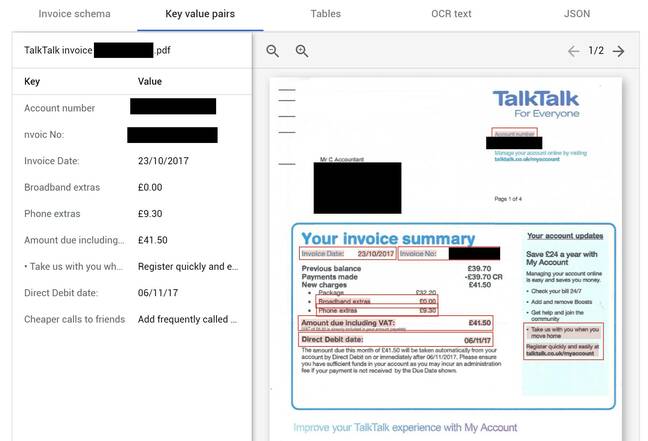 Parsing an invoice in Document AI: what happened to the invoice line called Package? The service is not so good with this kind of elaborate layout.