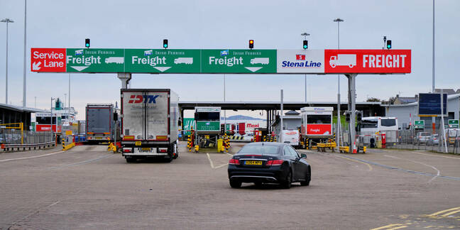 Danish lorry entering Holyhead ferry port Wales on its way to Ireland. 