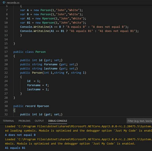 Records in C# 9.0 are considered equal if they are the same type and have identical properties