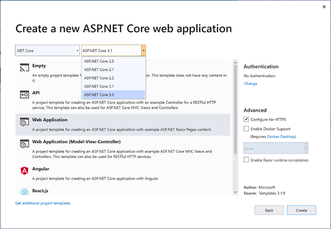 The latest Visual Studio offers a range of choices for ASP.NET Core 5.0 applications