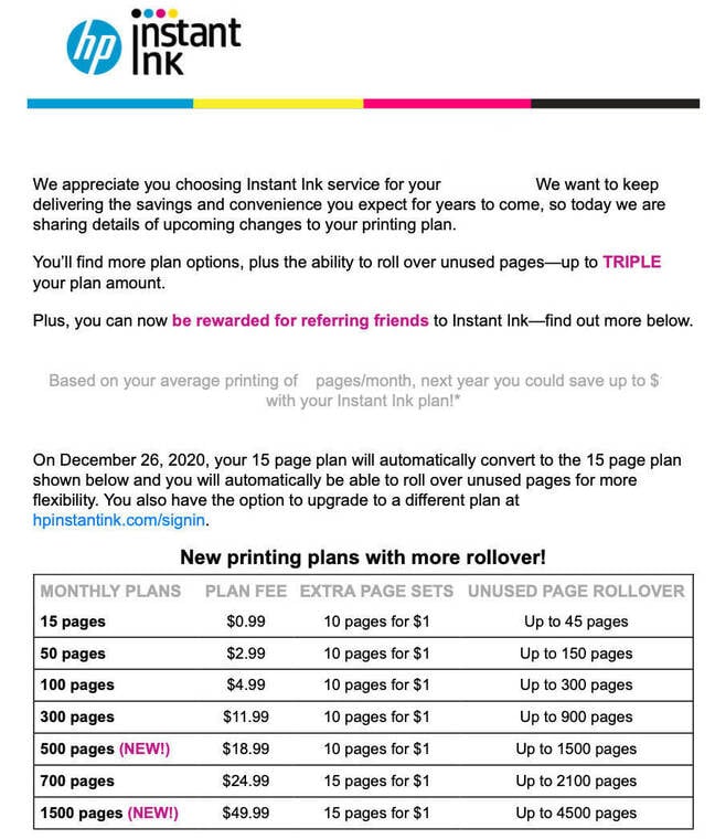 HP Instant Ink email announcement