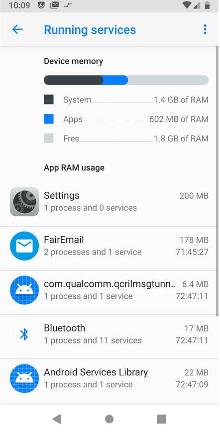 Inspecting running services shows a lighter load than most Android devices