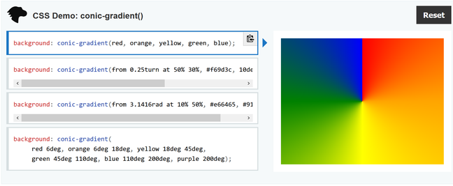 Firefox 83 supports conic gradients, a CSS feature for graphical effects