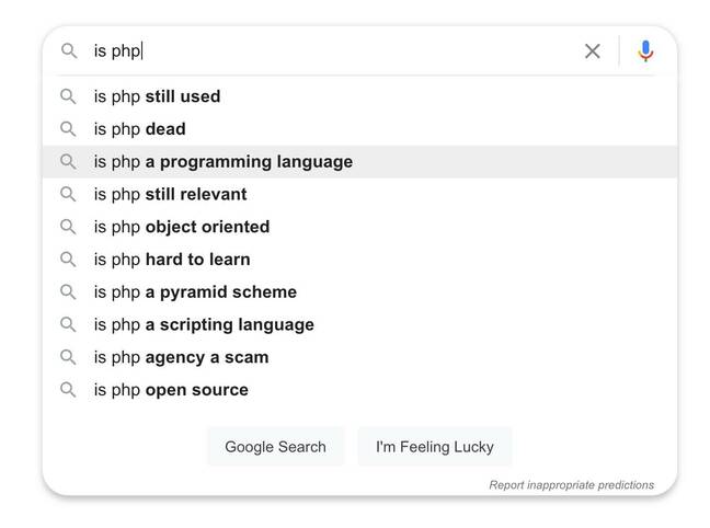 Screenshot of results from Google autocomplete