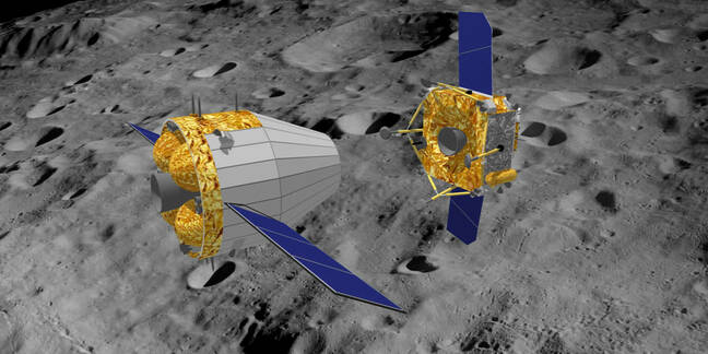 3D illustration of the separation of orbiter and lander of China's Moon sample return mission Chang'e-5 at moon.