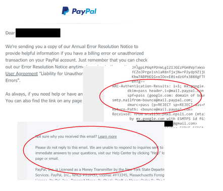 An example email received from PayPal, to an email recipient that has not knowingly opened an account. Points to note: this is not merely a verification email; it does seem to be really from PayPal according to the usual checks; and it cannot accept replies.