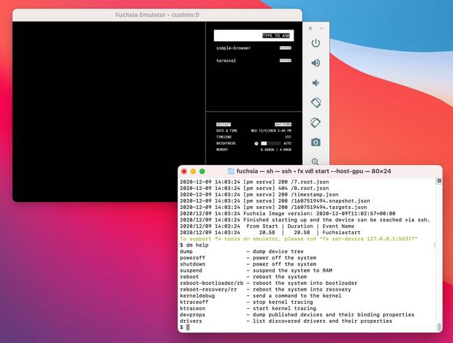 The Fuchsia emulator running on a Mac – our very own build.