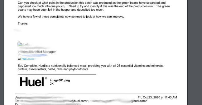 Huel appears to use a Probase-made application for internal tracking of complaints about its products. This email chain was freely viewable to all