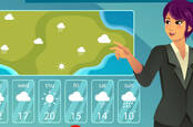 meteorologist forecasts clouds (conceptual illustration where the TV meteorologist points at forecast on green screen)