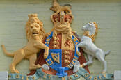 uk coat of arms: unicorn, lion, thistle, harp 