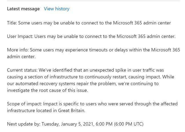 Microsoft 365 admin center outage