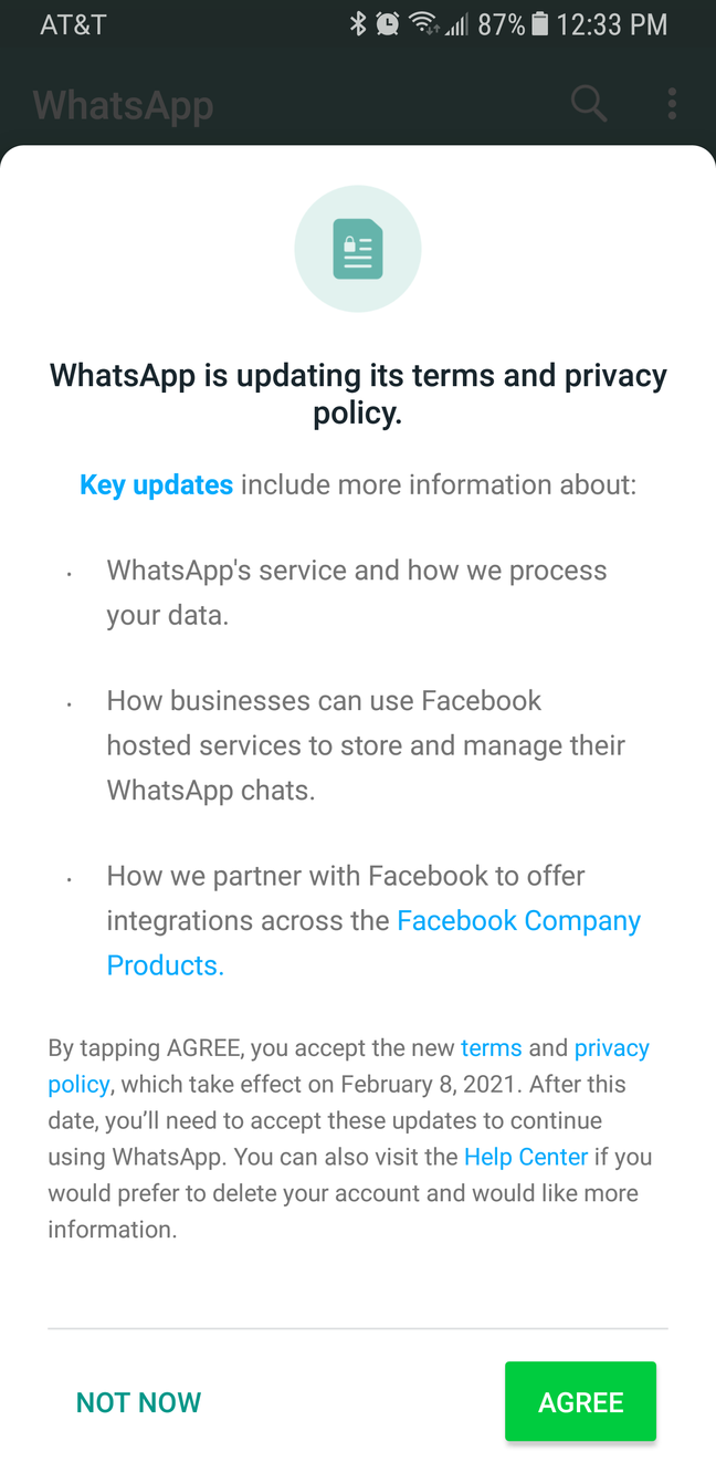 Screenshot of the mandatory WhatsApp privacy policy