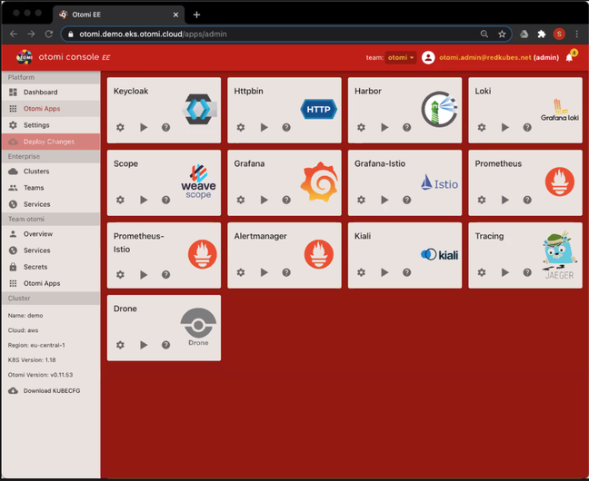 The Otomi dashboard showing various open source Kubernetes management applications