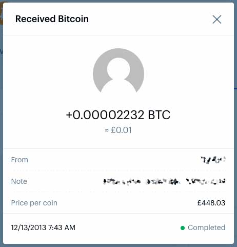 Capture d'écran montrant l'investissement en Bitcoin d'un centime