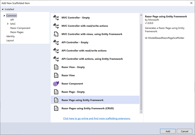 Scaffolded items in ASP.Net Core, for quickly adding database features, use Entity Framework
