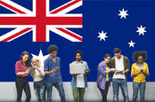 People using laptops and phones in front of the Australian flag