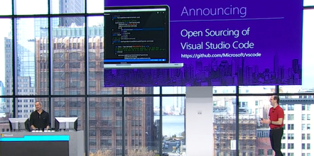 Erich Gamma (left) and Microsoft cloud EVP Scott Guthrie open source VS Code at the Connect event, October 2015
