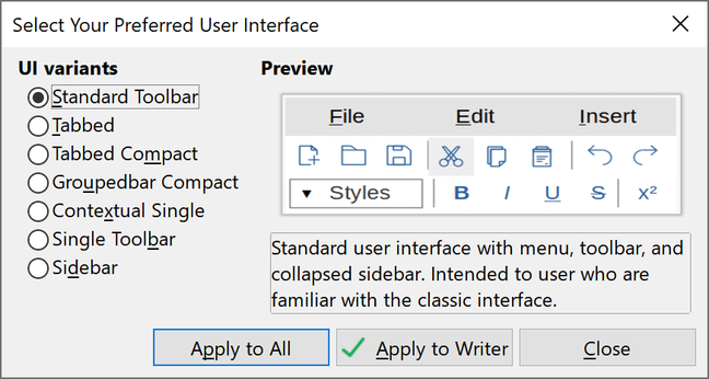 The User Interface dialog asks the user to choose between seven different options.