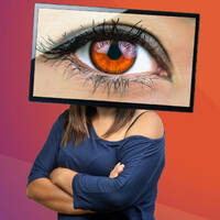 Illustration of a person with a giant all-seeing eye in a monitor for a head against a Ubuntu desktop background