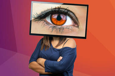 Illustration of a person with a giant all-seeing eye in a monitor for a head against a Ubuntu desktop background