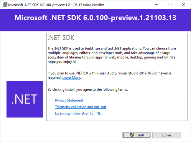 Installing the first preview of the .NET 6 SDK