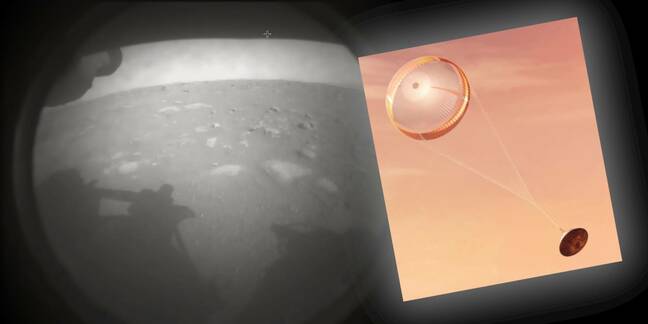 NASA Mars rover Perseverance's first image with an inset pic of an illustration of it parachuting down to the surface