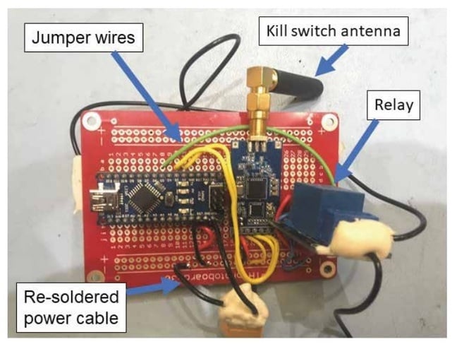 Airspeeder's killswitch. Note the use of red breadboard instead of a PCB