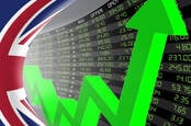 Illustration of the UK flag, stock listings and a green arrow pointing up