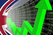 Illustration of the UK flag, stock listings and a green arrow pointing up