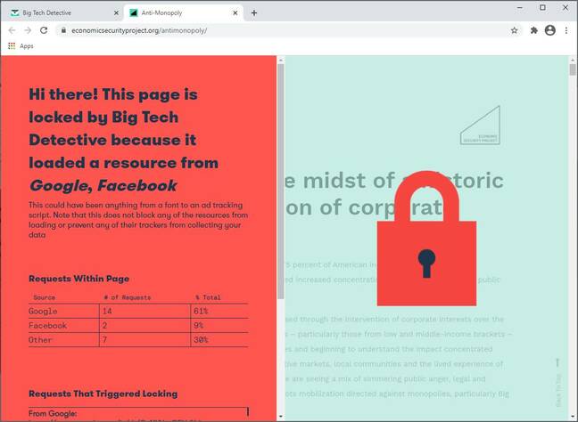 One of the sites blocked by Big Tech Detective is that of its own sponsor, the Economic Security Project