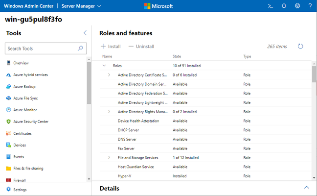 The latest Windows Admin Center: note all the options for Azure integration in the left-hand column