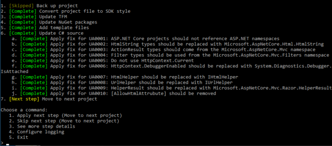 A row of promising green “Complete” statements gave us hope for a successful migration of our .NET Framework application