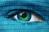 Illustration of an eye looking at you through binary numbers