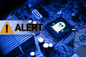 Illustration of the Spectre logo on a chip next to an 'alert' warning