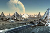 Illustration of a large weird city on a distant planet
