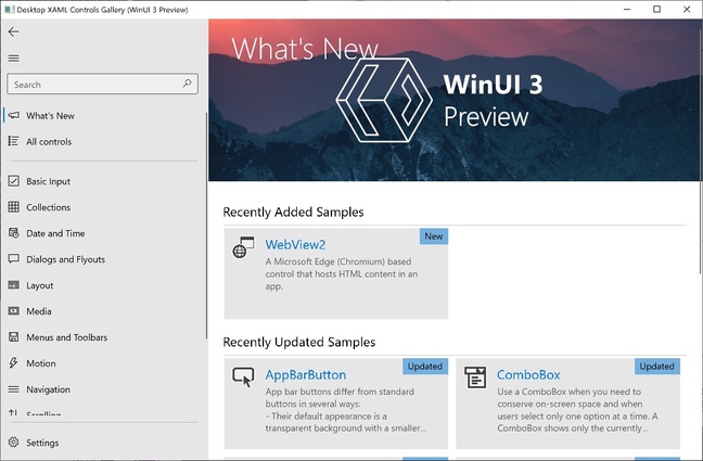 The XAML Control Gallery sample app compiled with the latest preview of WinUI 3