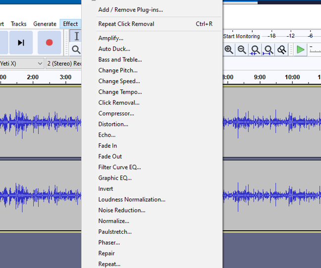 Audacity comprend une vaste gamme d'effets, avec plus de disponibles via des plugins