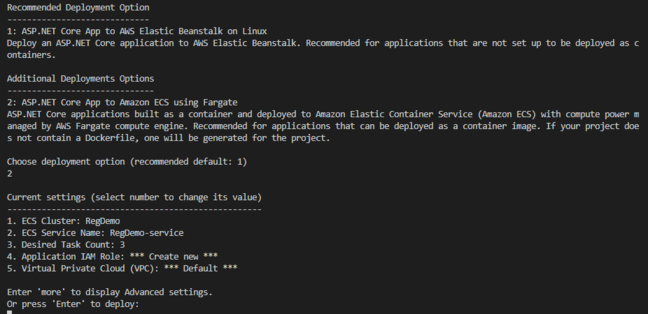 The AWS Deployment Tool recommended EC2 and Elastic Beanstalk but we chose the more interesting ECS option