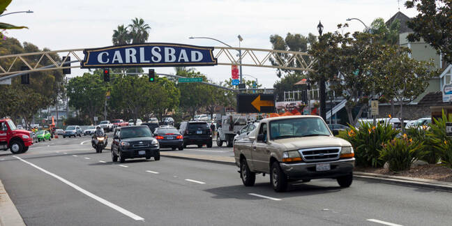 An autumn day on the streets of surfing town Carlsbad city, California - big trucks on the streets