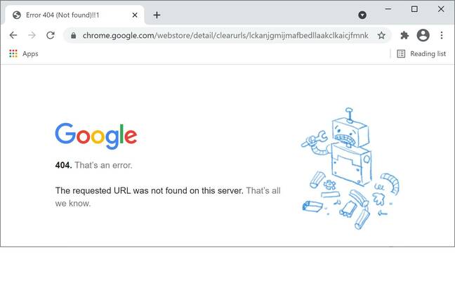404 is “all we know” says what used to be the page for the Chrome ClearURLs extension
