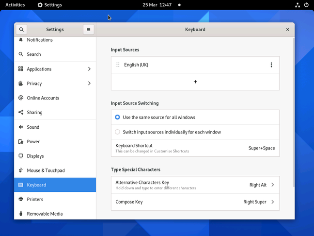 Keyboard settings including Compose key for typing special characters