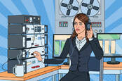 secret agent eavesdrops using headphones plugged into an audio centre mounted with tape reels (illustration)