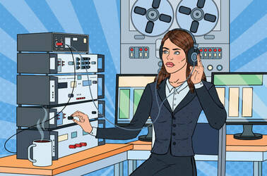 secret agent eavesdrops using headphones plugged into an audio centre mounted with tape reels (illustration)