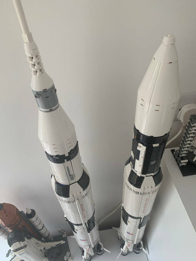 side-by-side of an original Saturn V in Lego