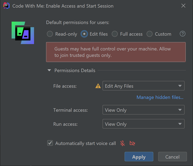Setting permissions for a Code With Me invitation