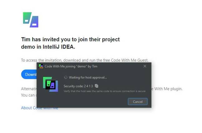 The recipient of a Code With Me invitation is prompted to download and run a client, following which a code is generated as an optional safety check.