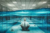Illustration of someone sitting in a data center flooded with water